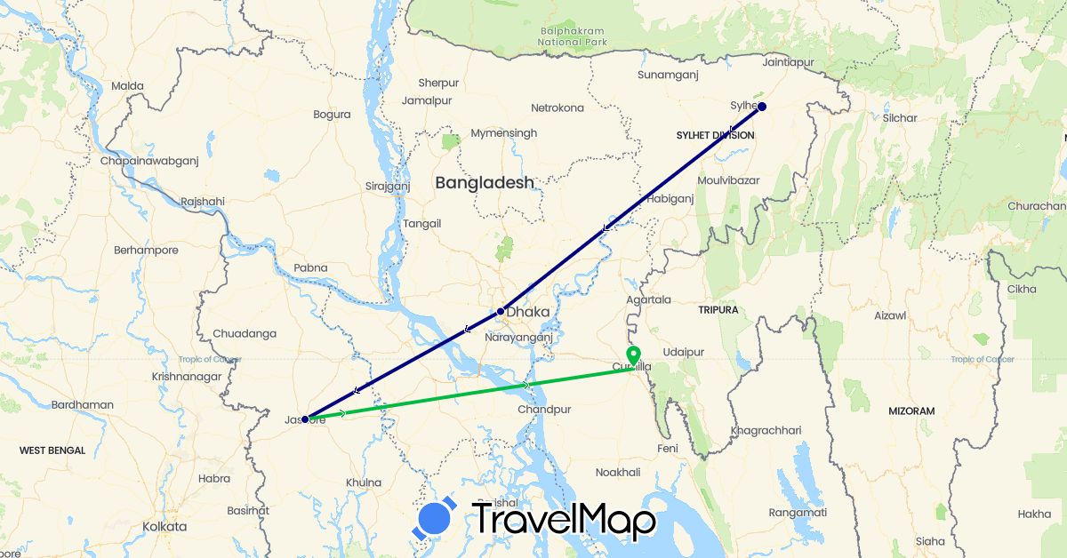 TravelMap itinerary: driving, bus in Bangladesh (Asia)